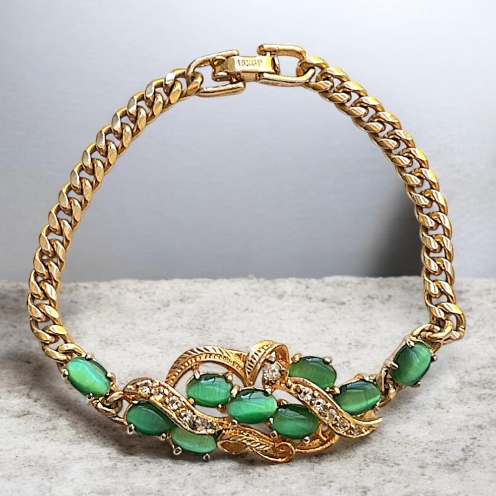 Vintage 18k Gold Plated Green Rhinestone Chain Link Bracelet 7”
